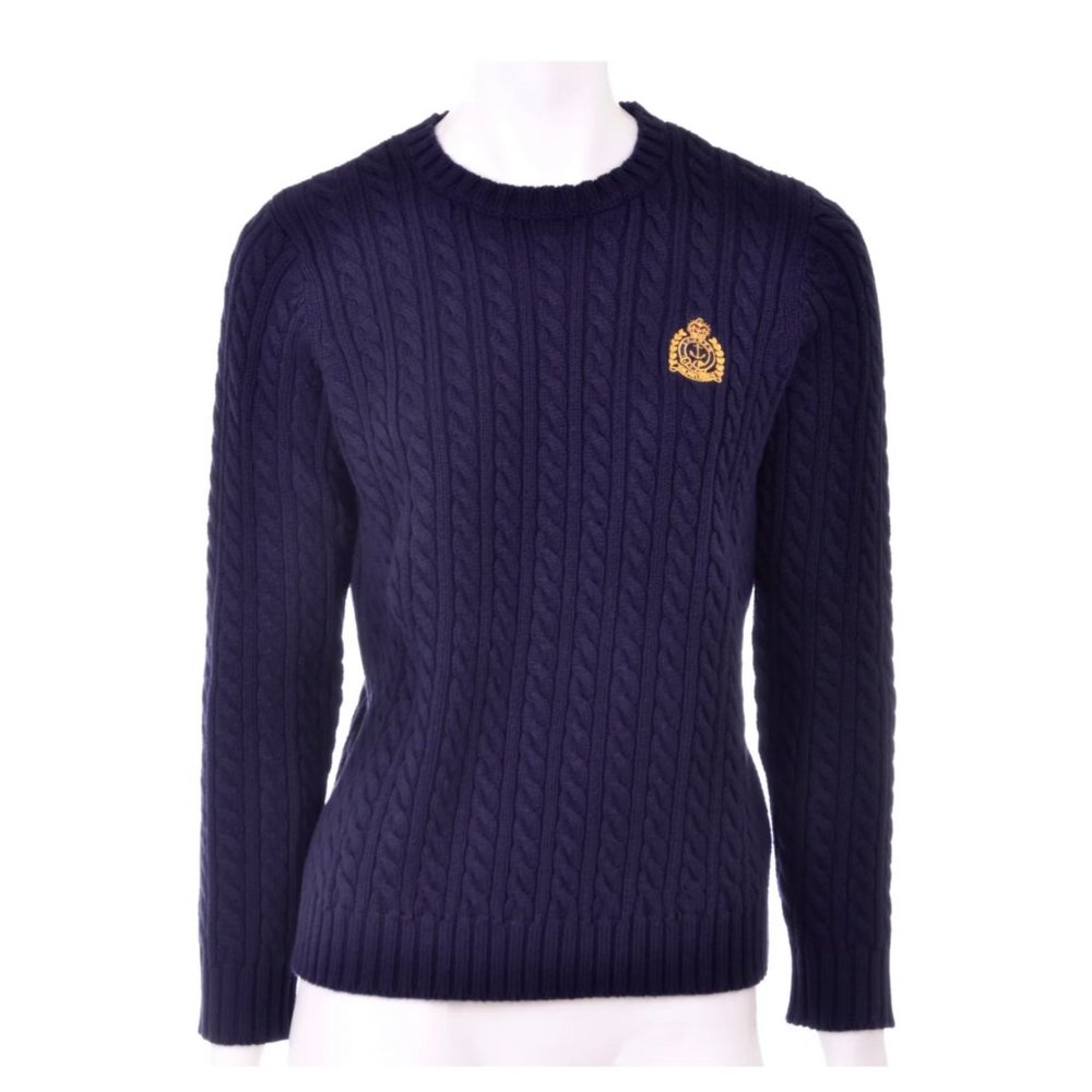 Vintage Ralph Lauren Navy Blue Cable Knit Pullover Sweater with Crest Size Mediu